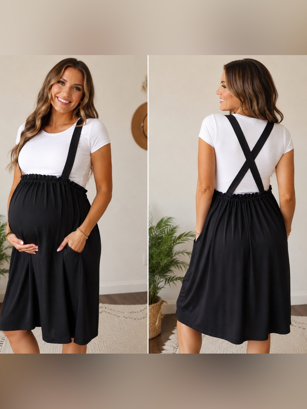 Maternity Black Suspender Midi Jumpsuit Skirt With Adjustable Straps & Waist